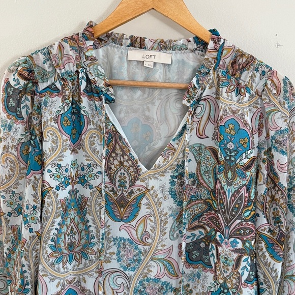 LOFT Paisley Tie Blouse Ruffle Trim Teal Aqua Small - Picture 2 of 11